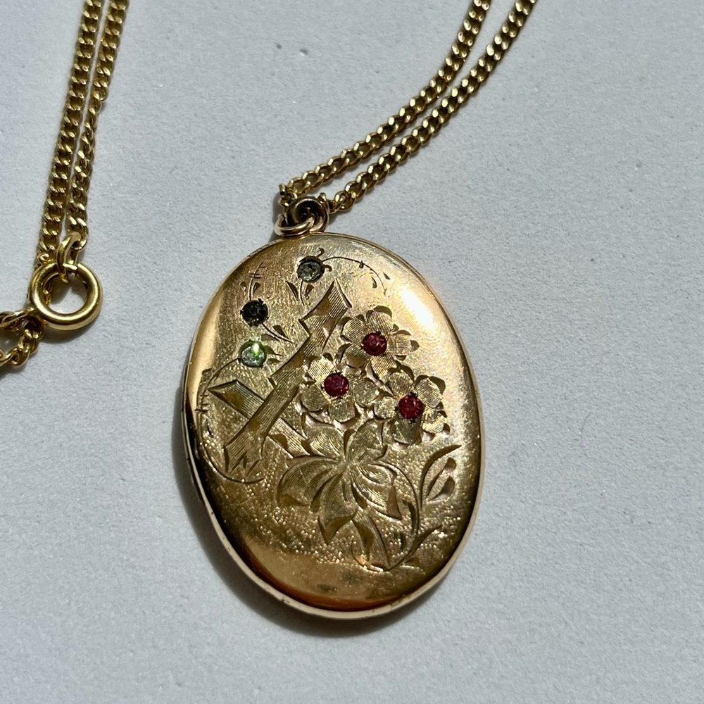 Antique Gold Filled Etched Locket W/Rhinestones